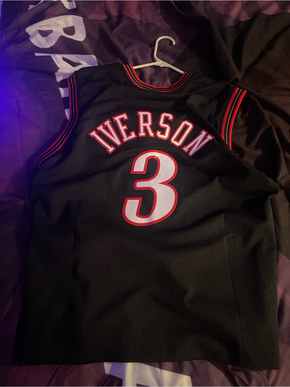 Mitchell & Ness Black Iverson #3 Basketball Jersey with Red Trim